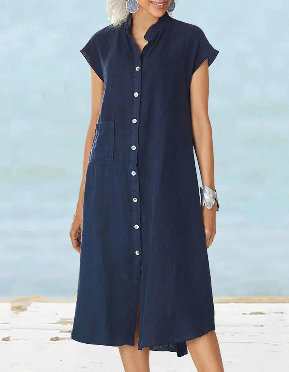 Solid-color Stand Collar Button Cotton Linen Pocket Long A-Line Dresses