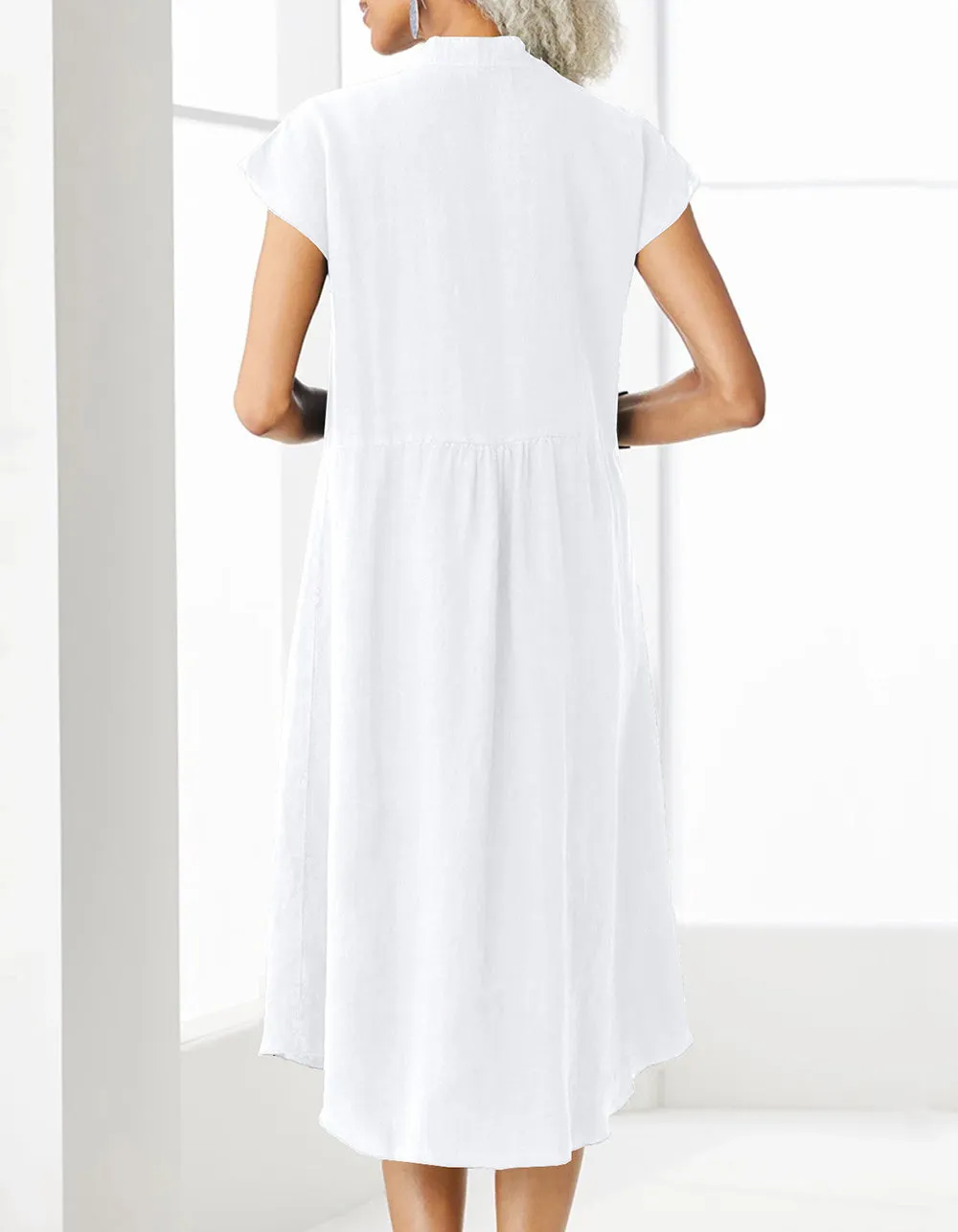 Solid-color Stand Collar Button Cotton Linen Pocket Long A-Line Dresses