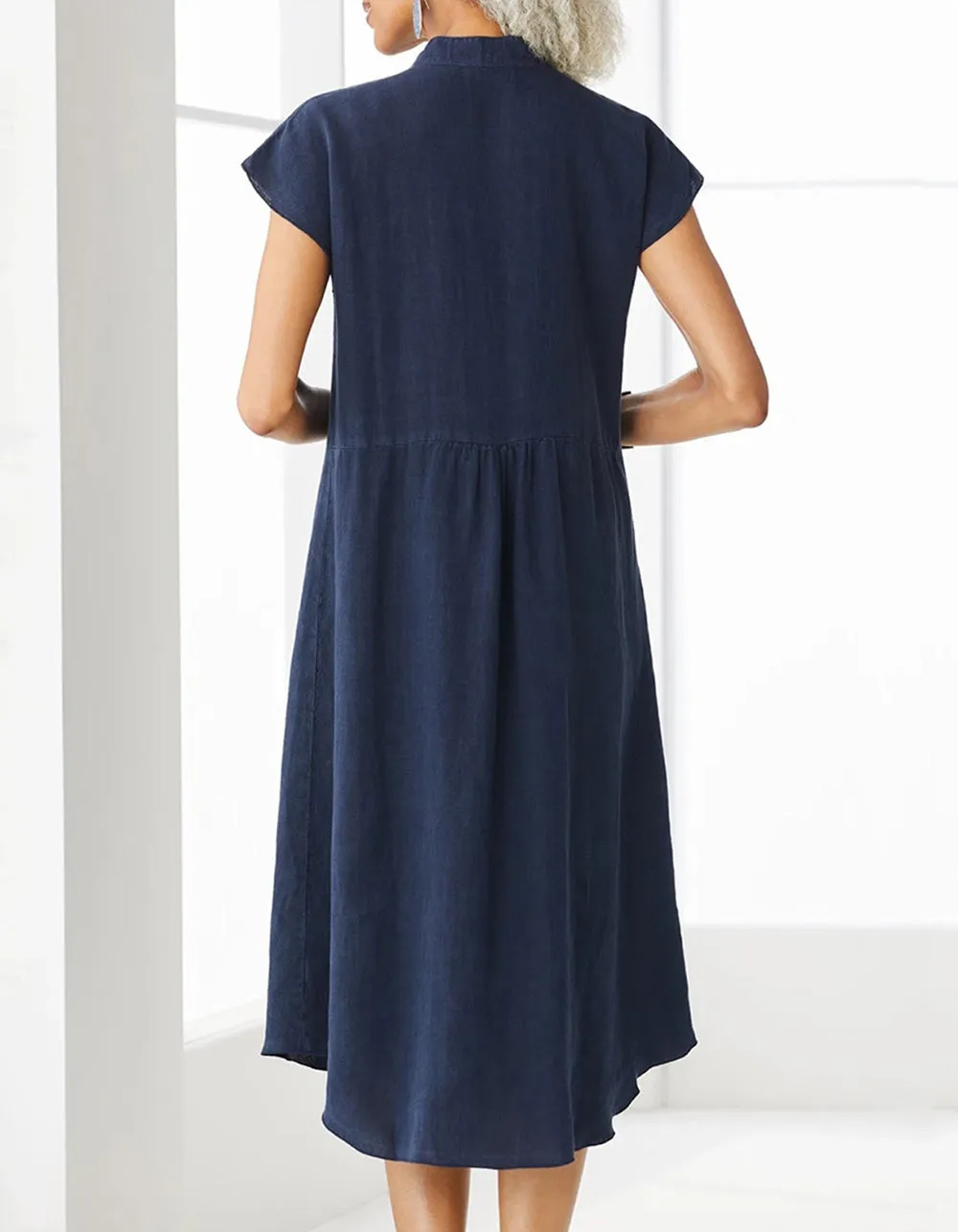 Solid-color Stand Collar Button Cotton Linen Pocket Long A-Line Dresses