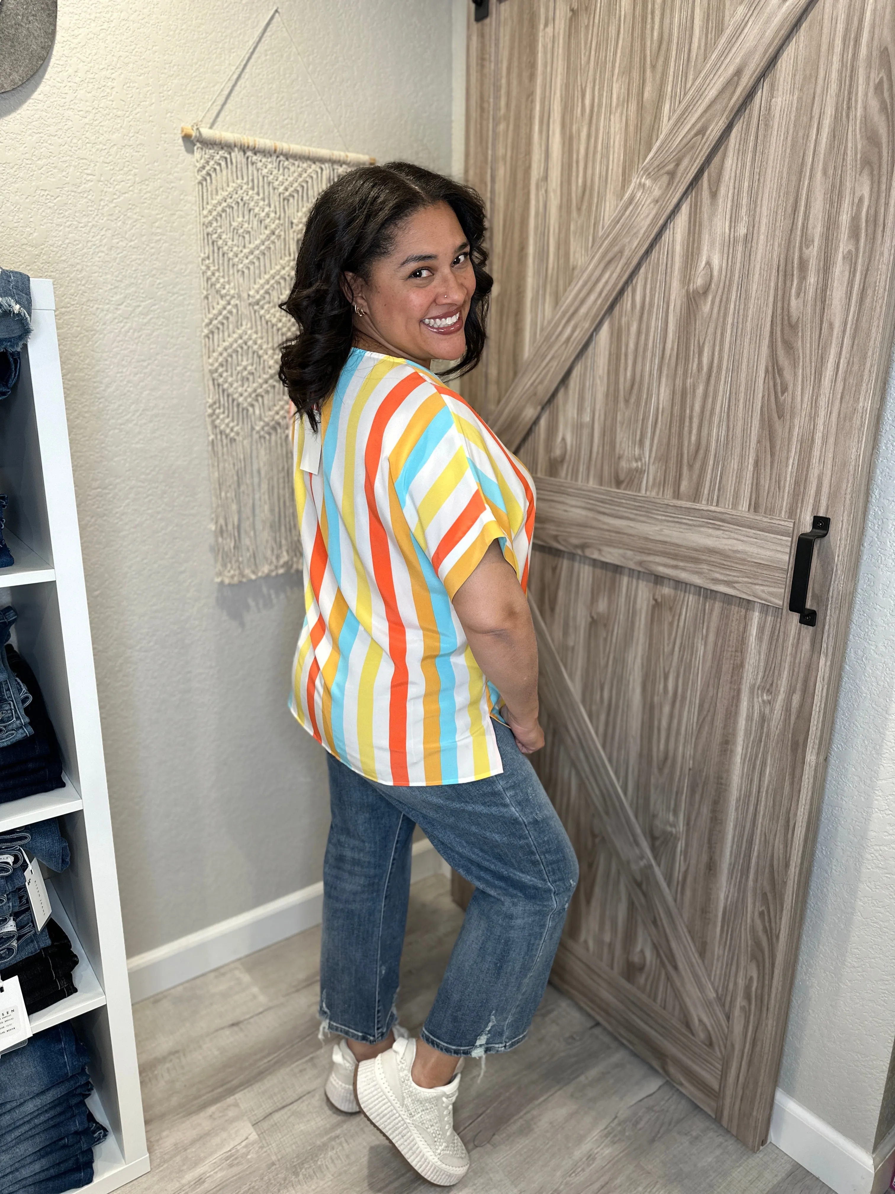 Spring Stripe V Neck Multi Color Dolman Top