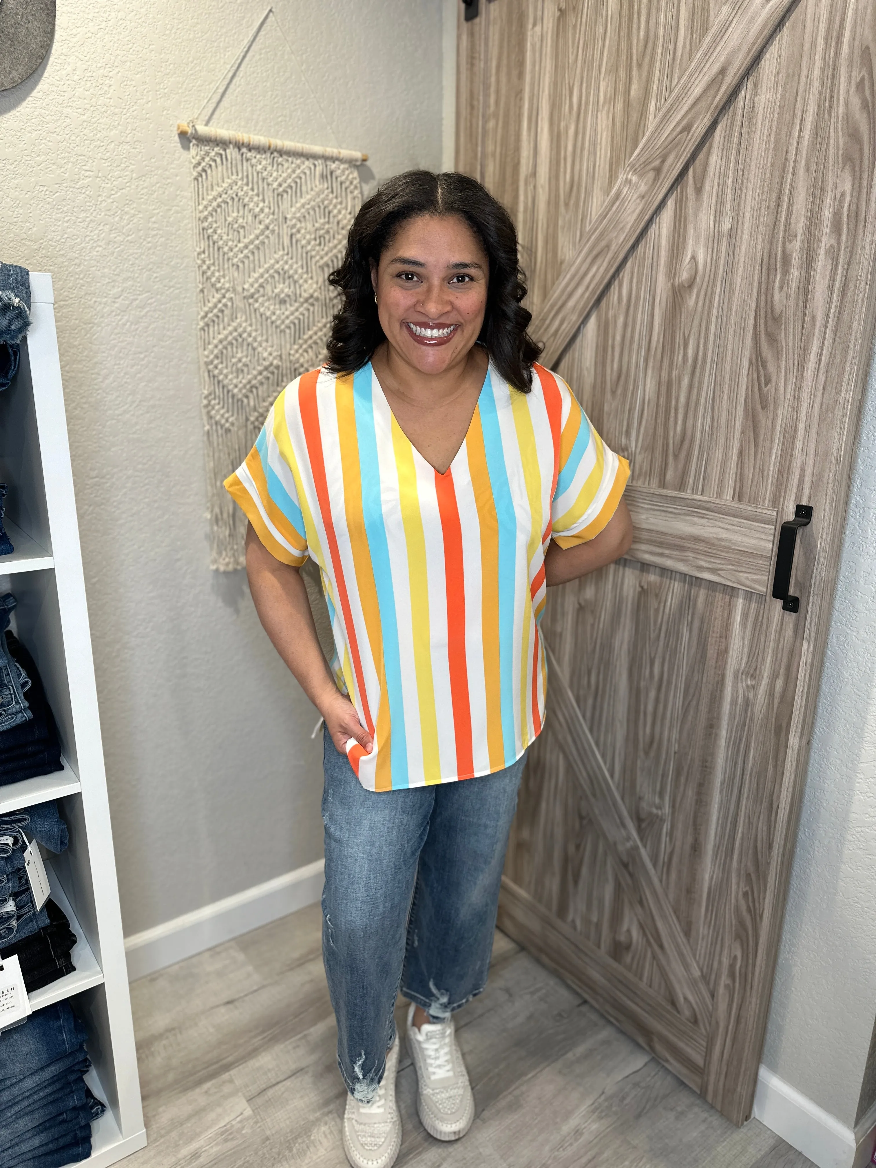 Spring Stripe V Neck Multi Color Dolman Top