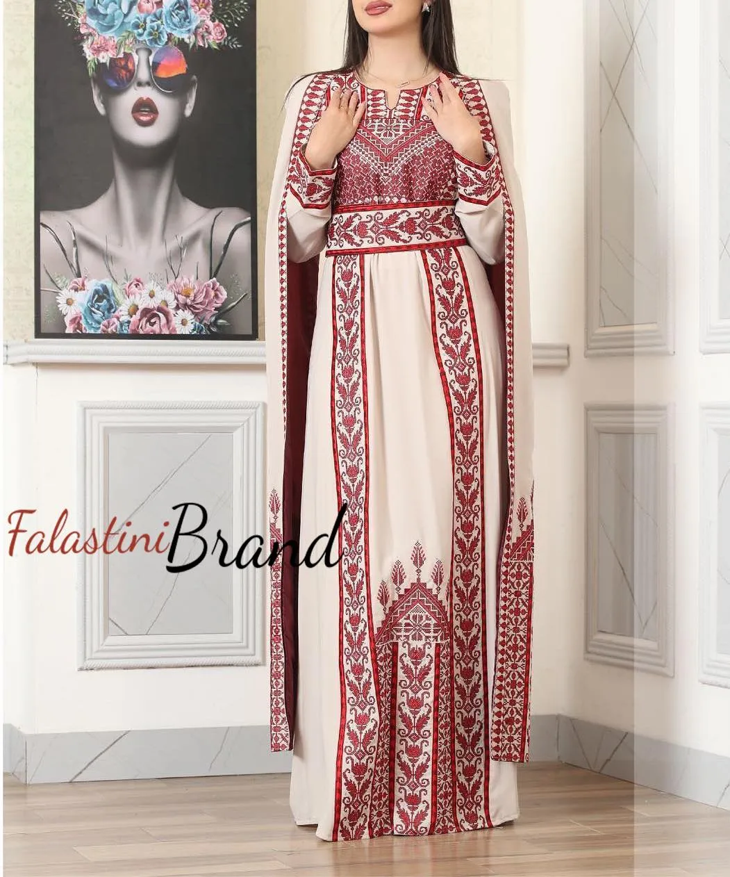 Stunning Off White And Red Royal Sleeve Palestinian Embroidered Dress