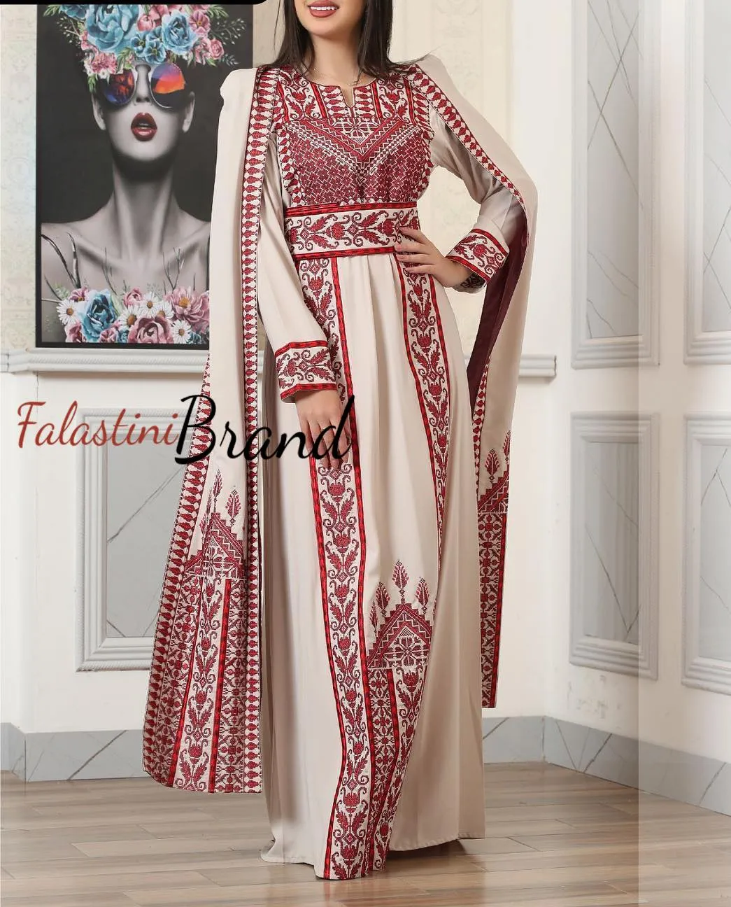 Stunning Off White And Red Royal Sleeve Palestinian Embroidered Dress