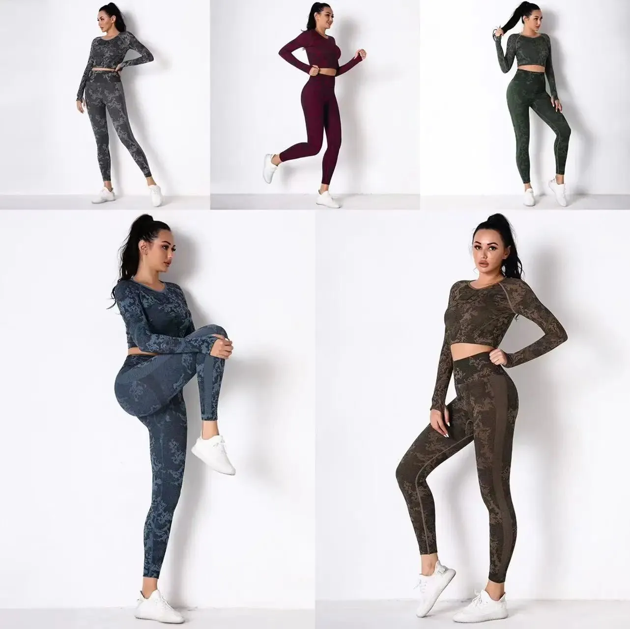 Stylish Women's Jacquard Leggings Set with Long Sleeve Camo Top for Yoga and Fitness