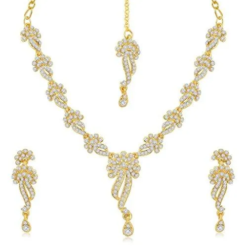 Sukkhi Brass Gold 3 Pieces Strand Necklace With Earrings Set For Women