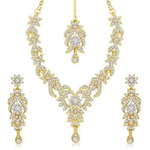 Sukkhi Brass Gold 3 Pieces Strand Necklace With Earrings Set For Women