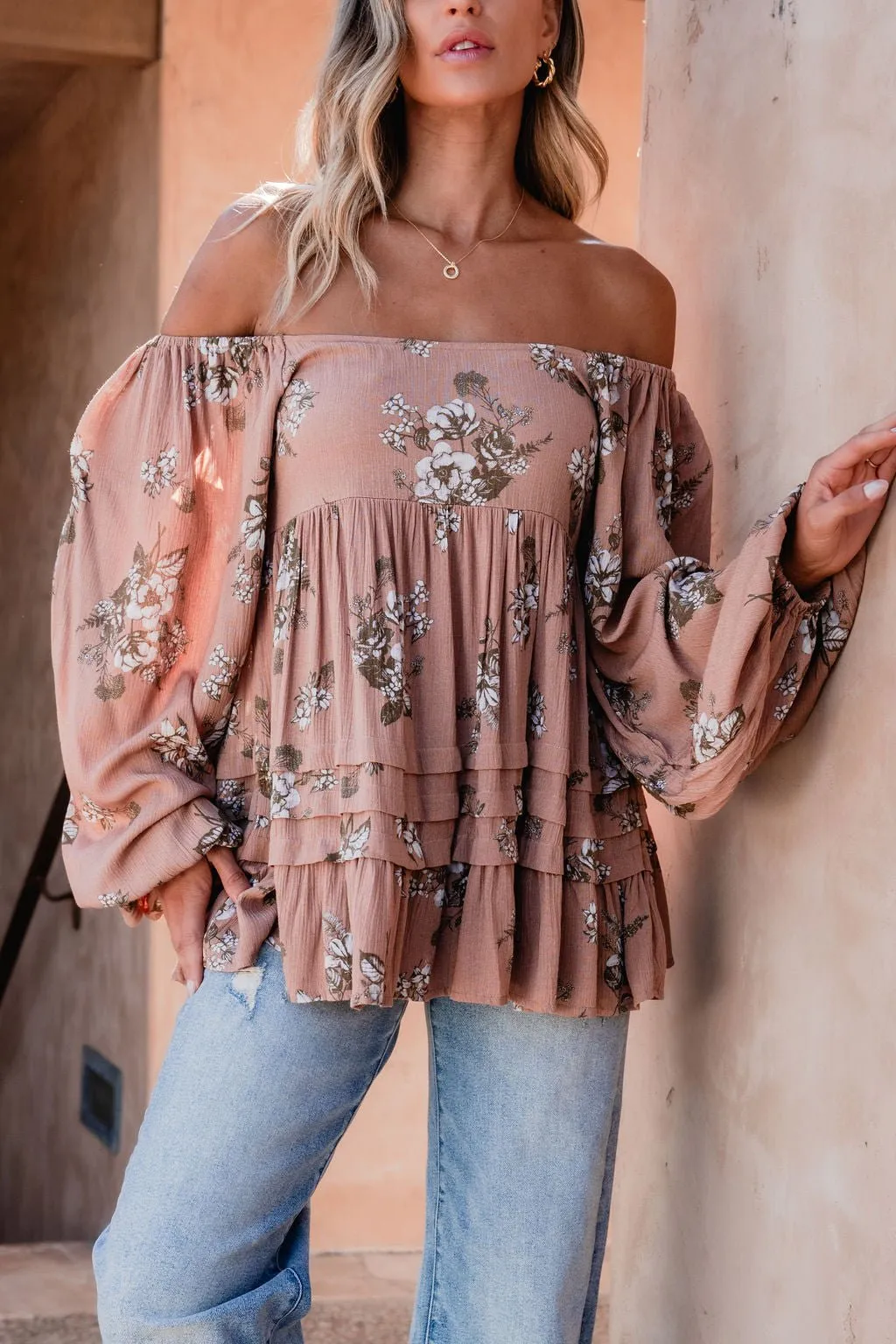 Terracotta Floral Print Pleated Tunic