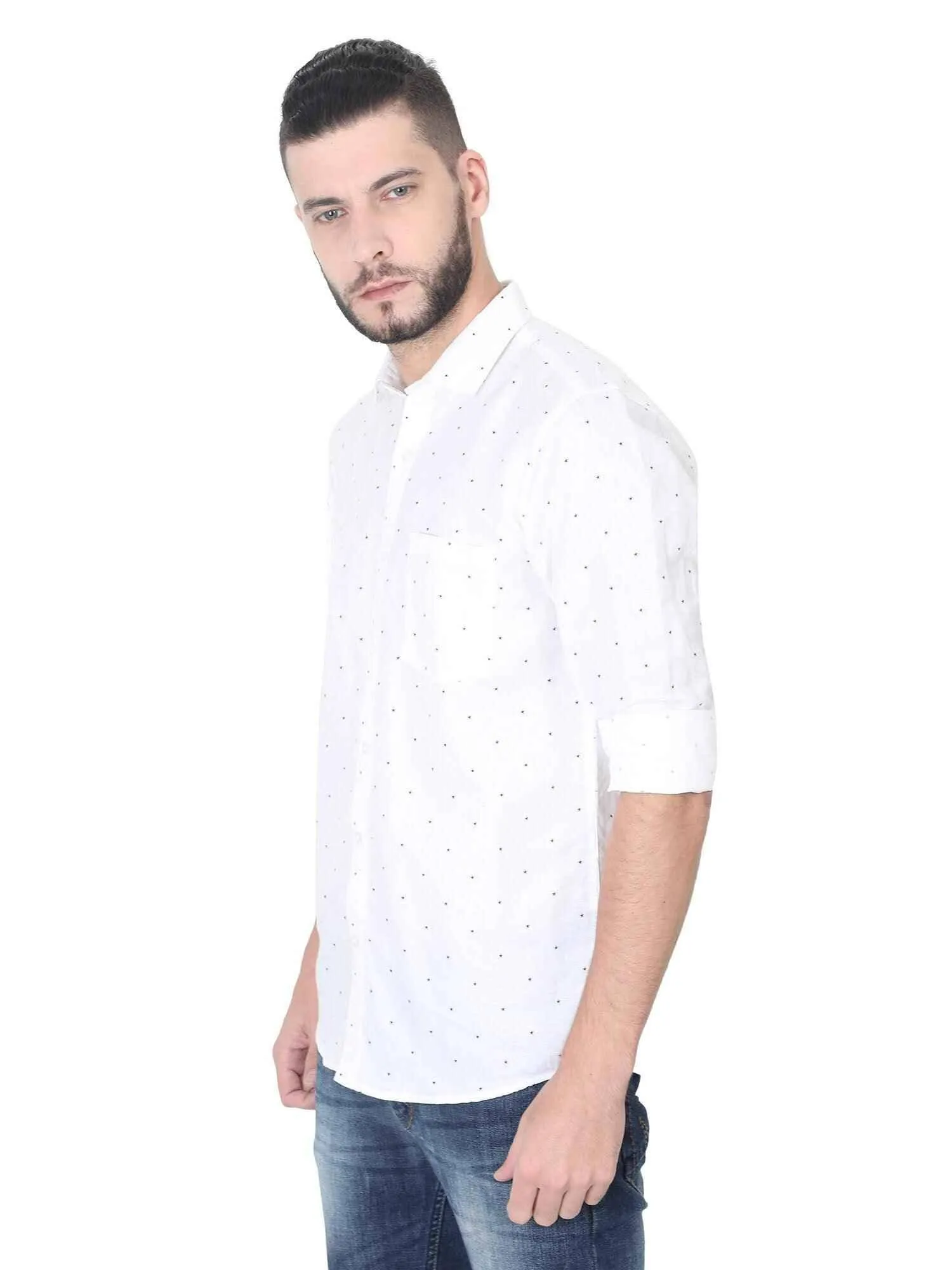 White Linen Printed Casual Shirt