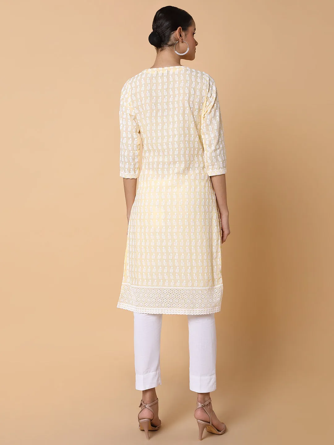 Women Floral Chikankari Yellow Straight Kurta