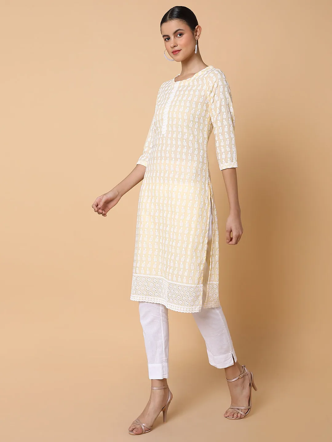 Women Floral Chikankari Yellow Straight Kurta