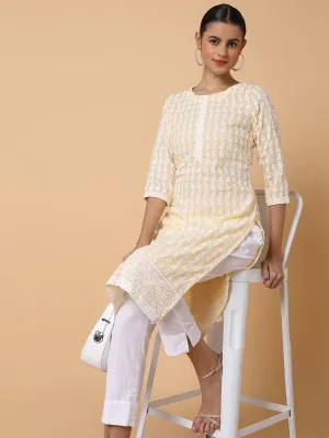 Women Floral Chikankari Yellow Straight Kurta