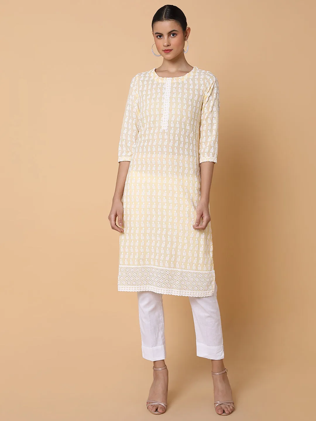 Women Floral Chikankari Yellow Straight Kurta