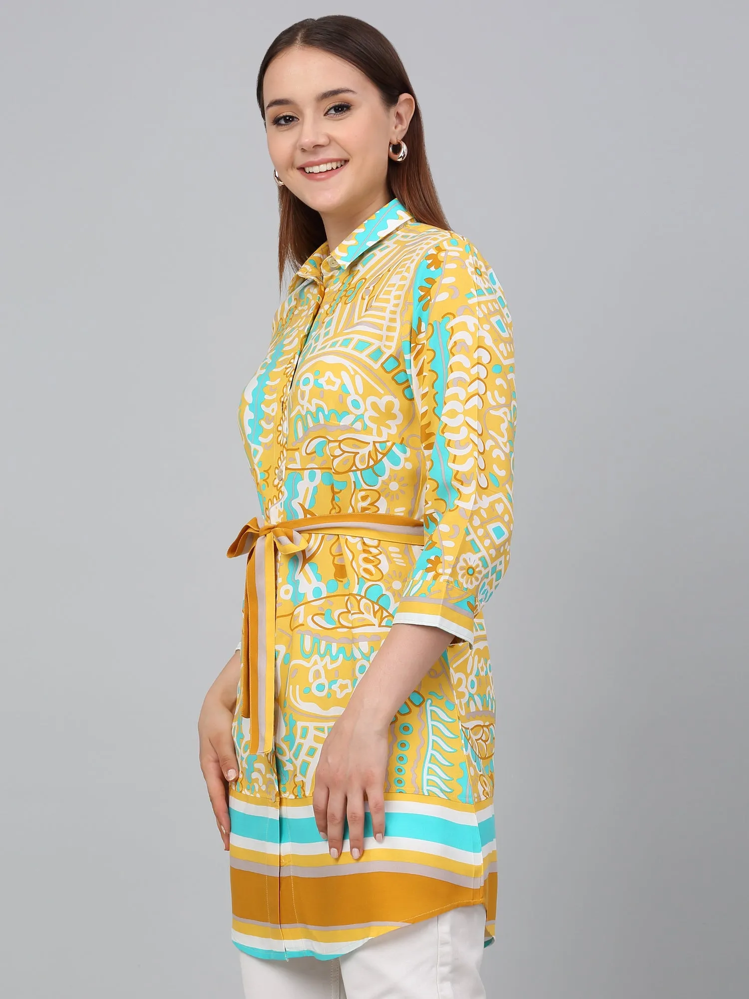 Women Mustard Printed Spread Collar Casual Tunic