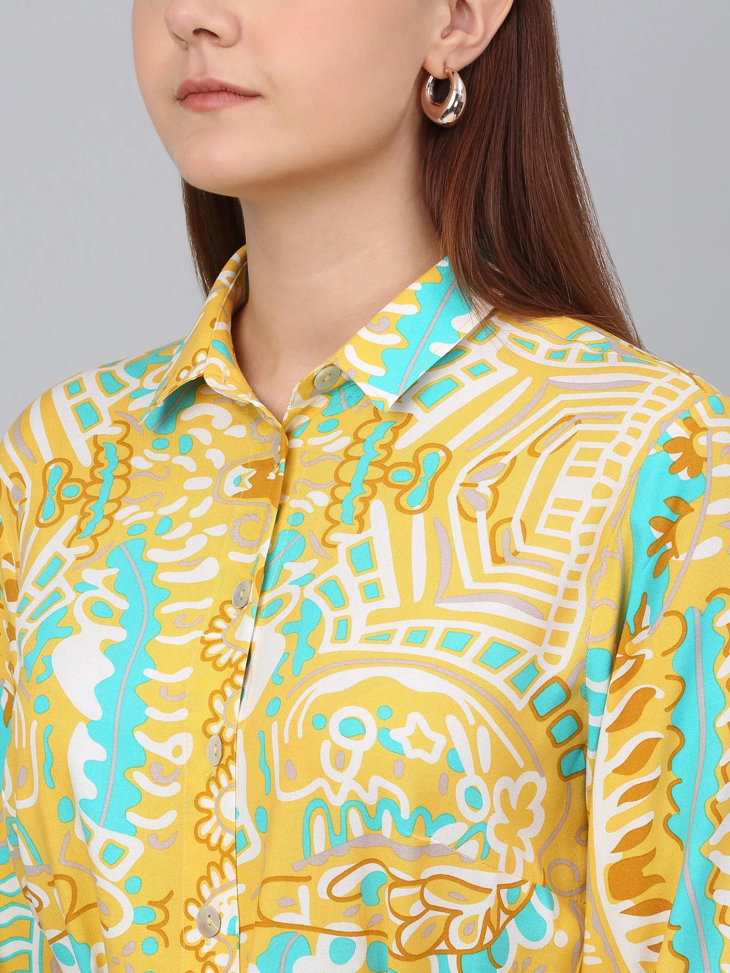 Women Mustard Printed Spread Collar Casual Tunic