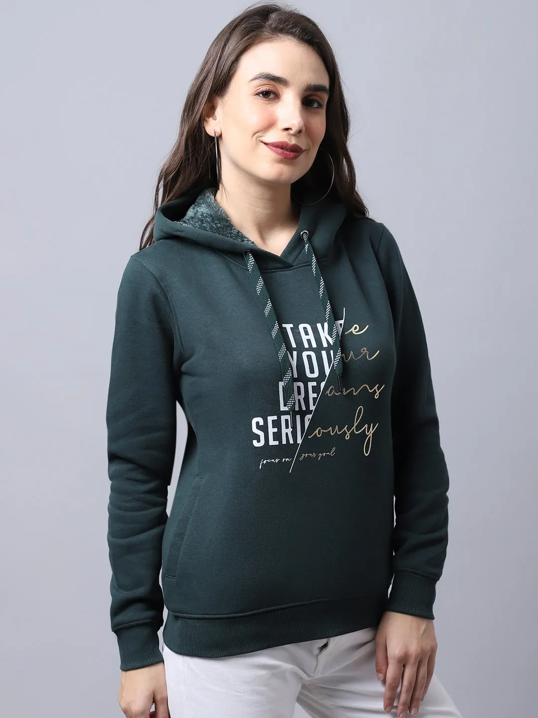 Women's Casual  Bottle Green Regular Full Sleeve Pullover Hoodie Sweatshirt