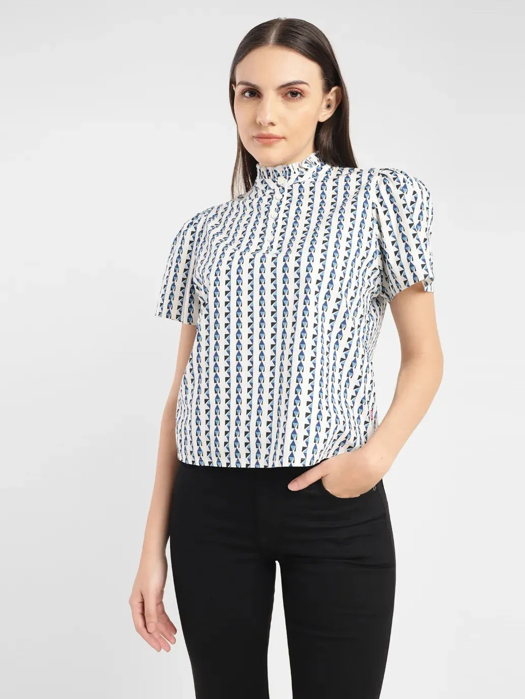 Women's Geometric White Band Neck Top