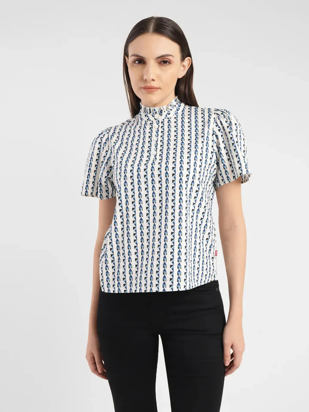 Women's Geometric White Band Neck Top