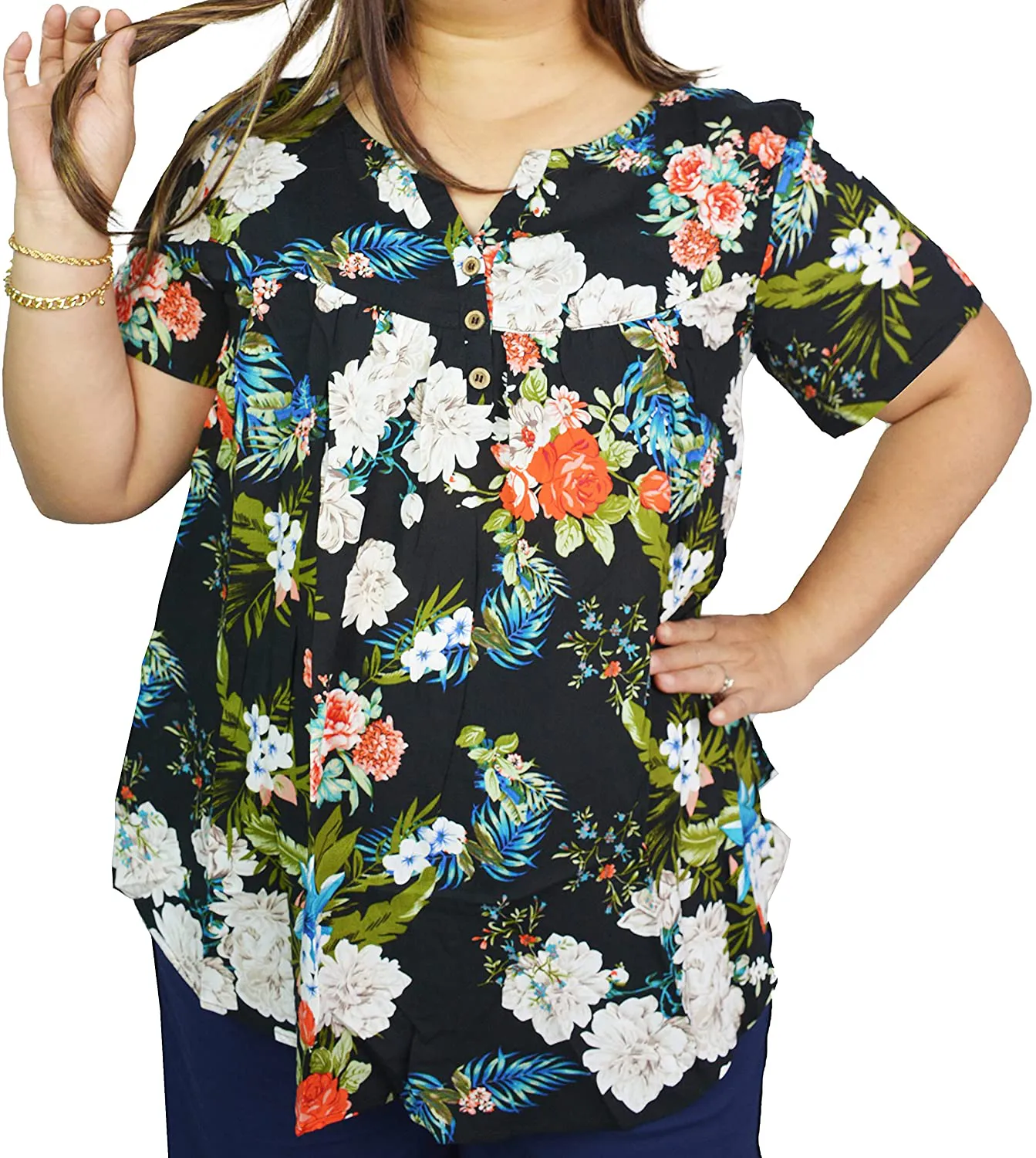 Women's Plus Size Floral Blouses Henley V Neck Button Up Top Ruffle Flowy Short Sleeve Tunics