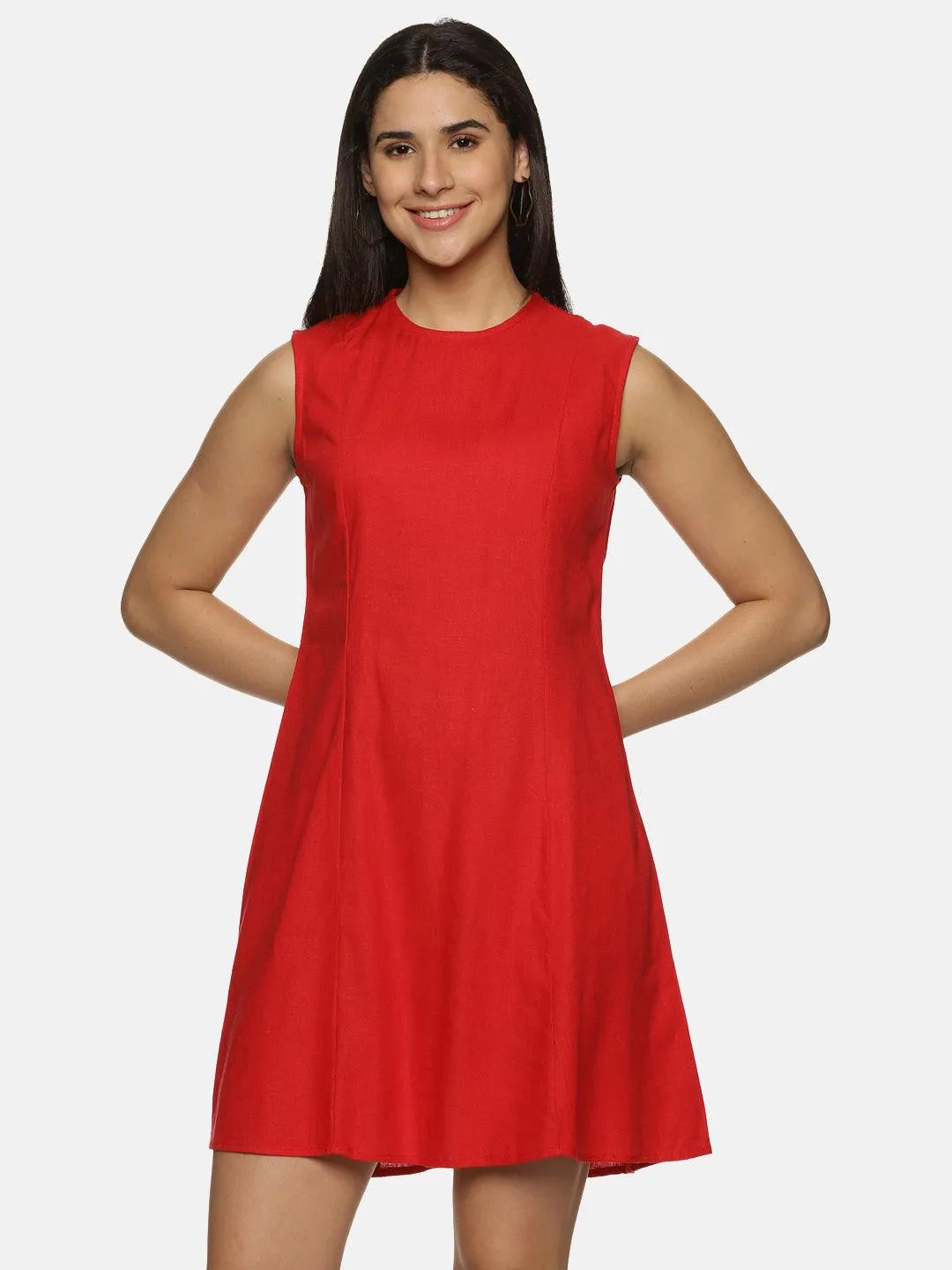 Women's Red Cotton Solid A-Line Mini Dress - Casual Sleeveless Round Neck Zip Closure