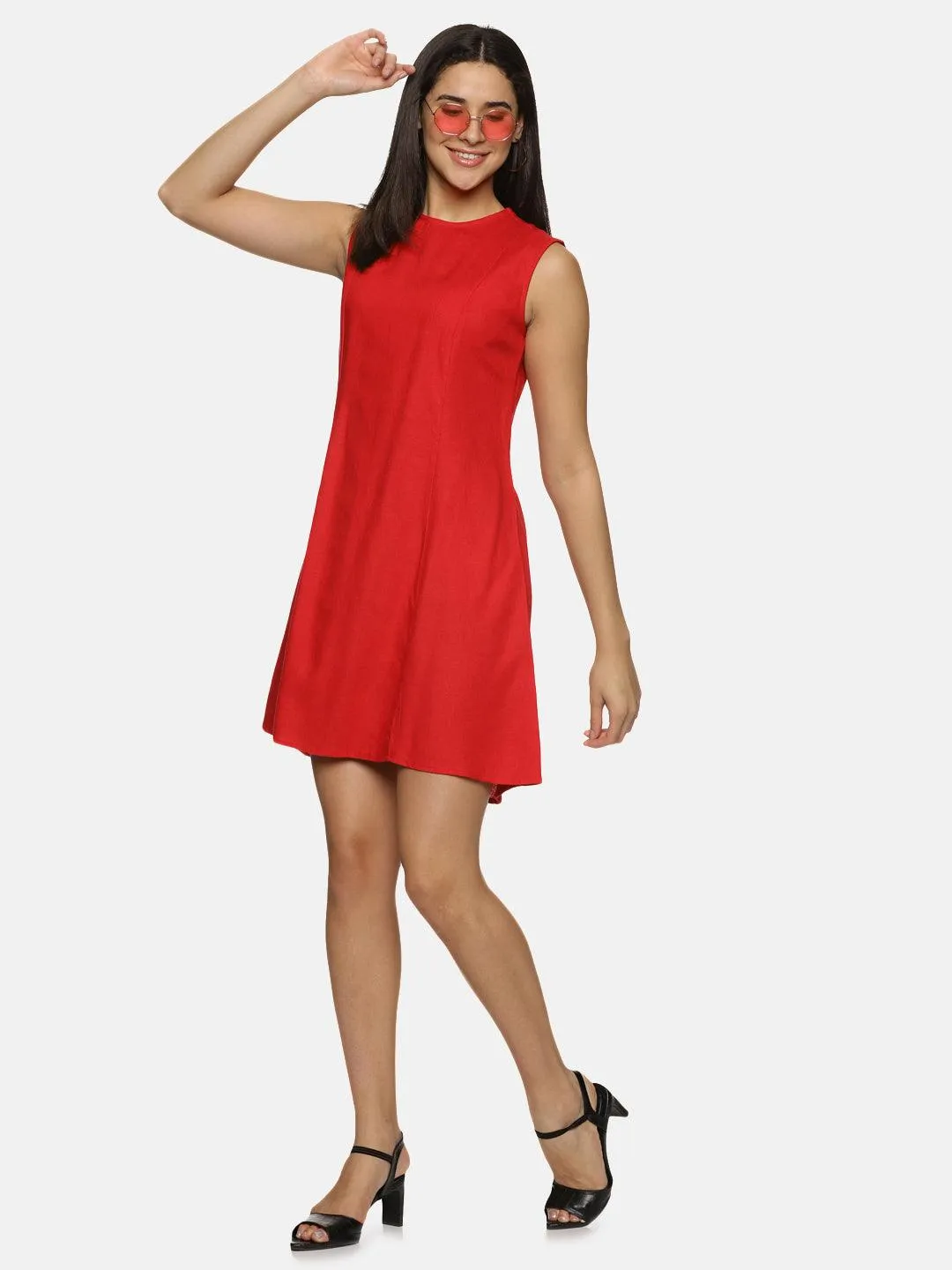 Women's Red Cotton Solid A-Line Mini Dress - Casual Sleeveless Round Neck Zip Closure