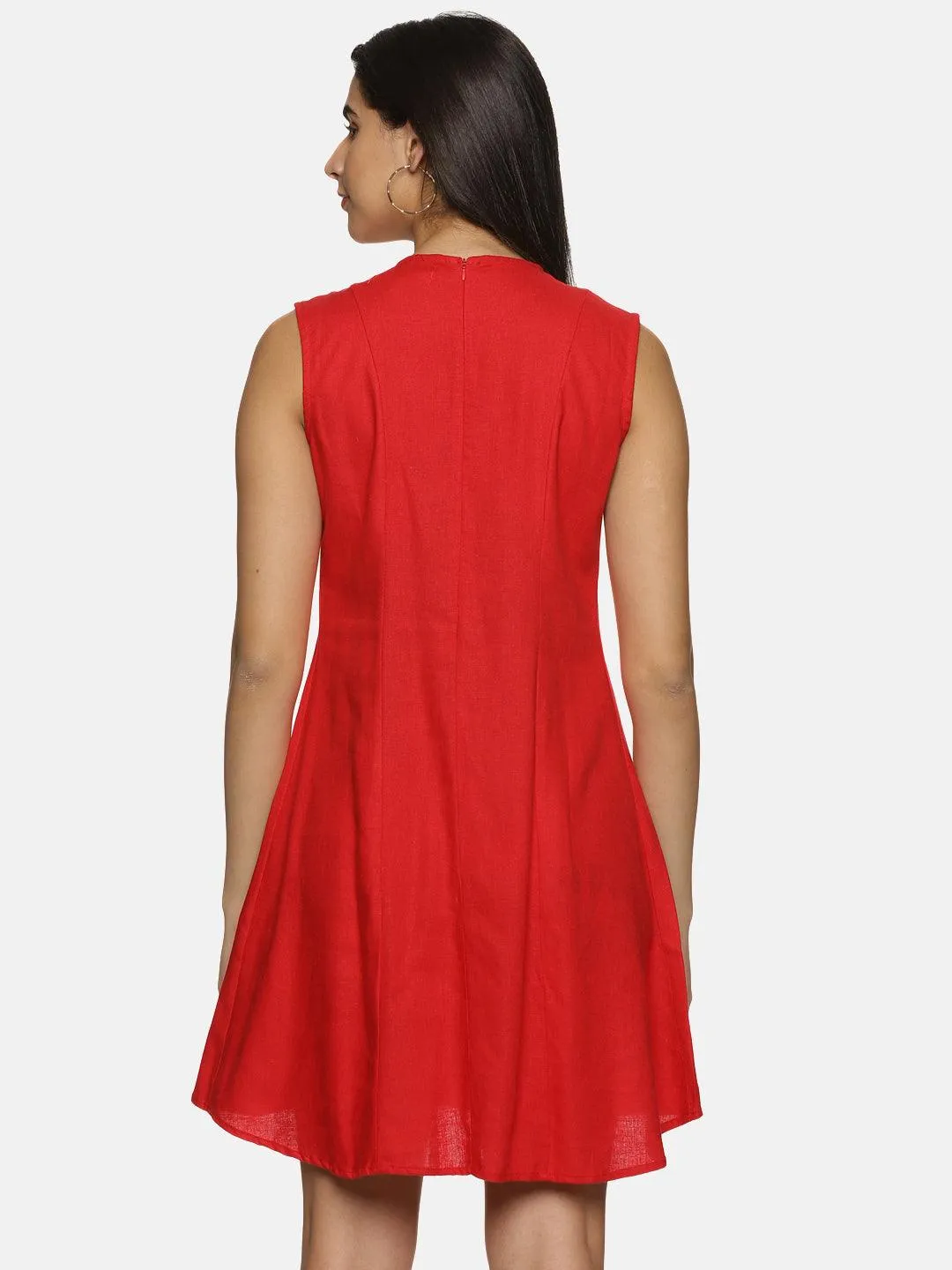 Women's Red Cotton Solid A-Line Mini Dress - Casual Sleeveless Round Neck Zip Closure