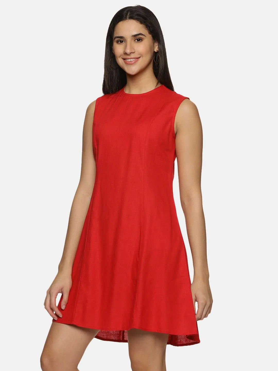 Women's Red Cotton Solid A-Line Mini Dress - Casual Sleeveless Round Neck Zip Closure