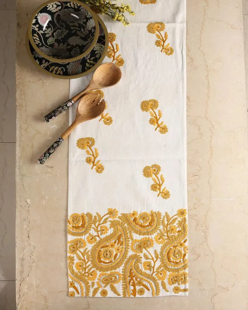 Yellow Embroidered Embellished Cotton Table Runner | 71 x 14 inches