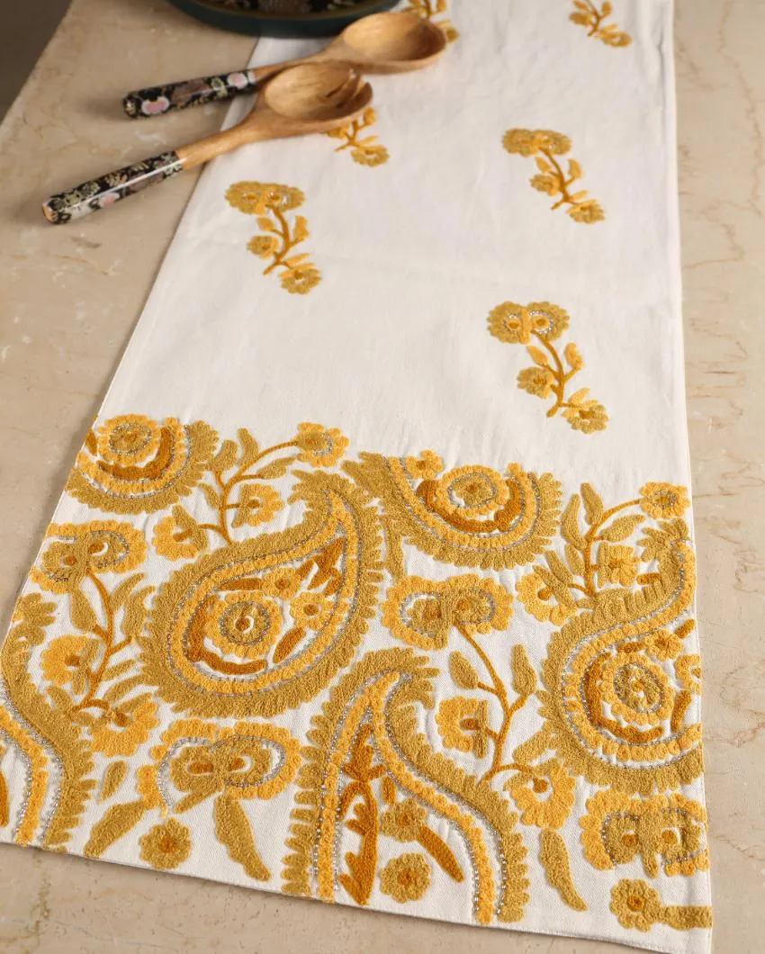 Yellow Embroidered Embellished Cotton Table Runner | 71 x 14 inches