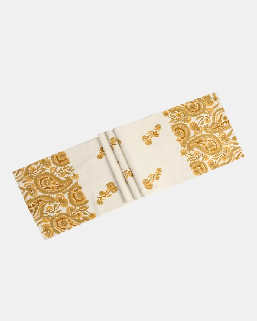 Yellow Embroidered Embellished Cotton Table Runner | 71 x 14 inches