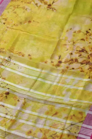 Yellow Floral Linen Saree: Digital Print