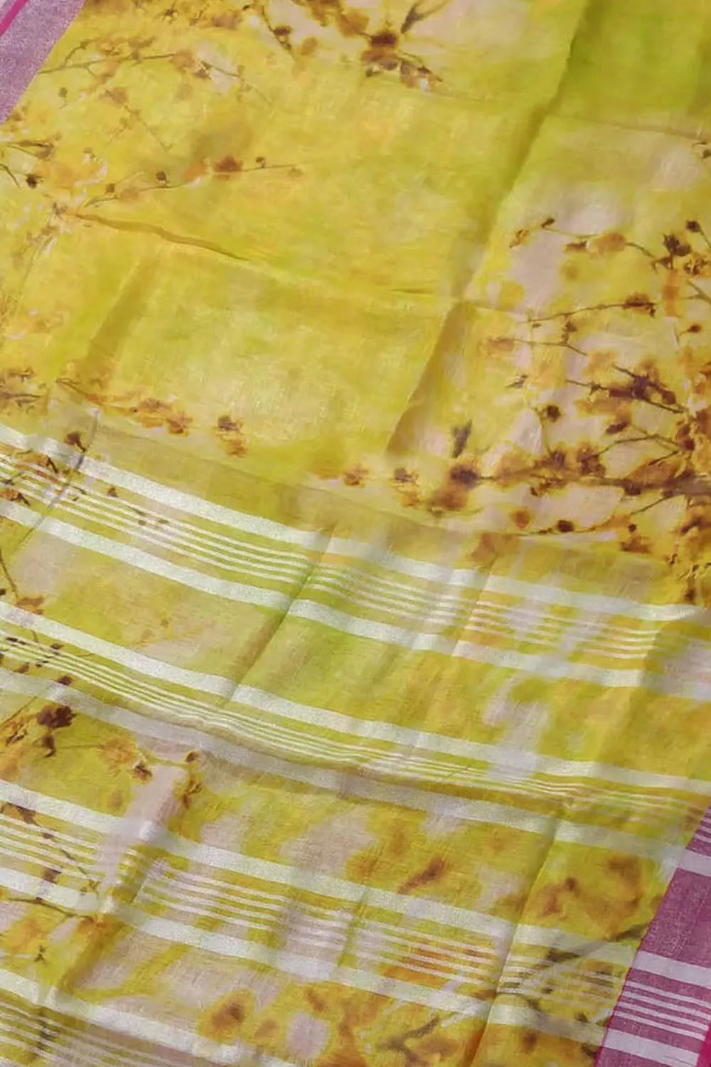 Yellow Floral Linen Saree: Digital Print