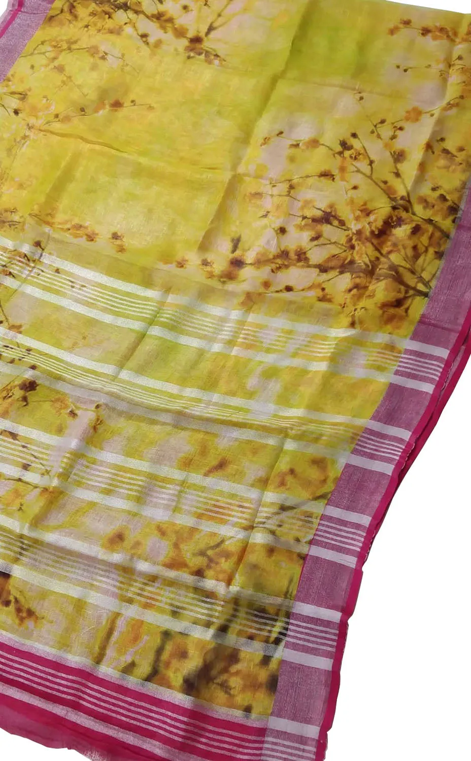 Yellow Floral Linen Saree: Digital Print